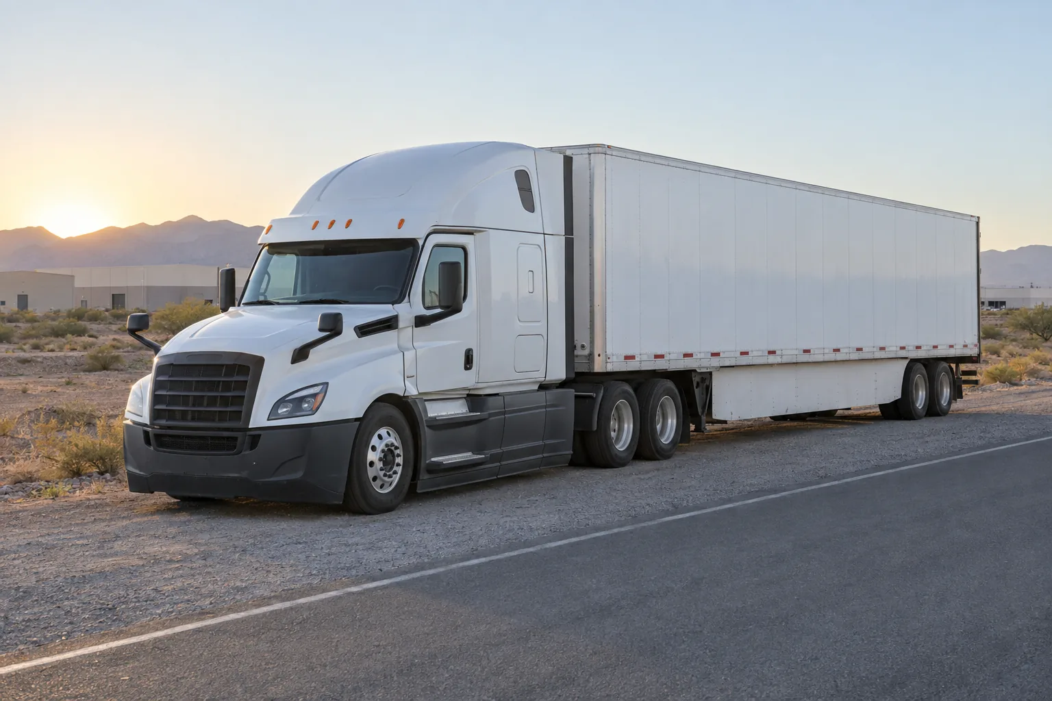 Illustrative generic enclosed transport trailer and tractor on an Arizona industrial access road.