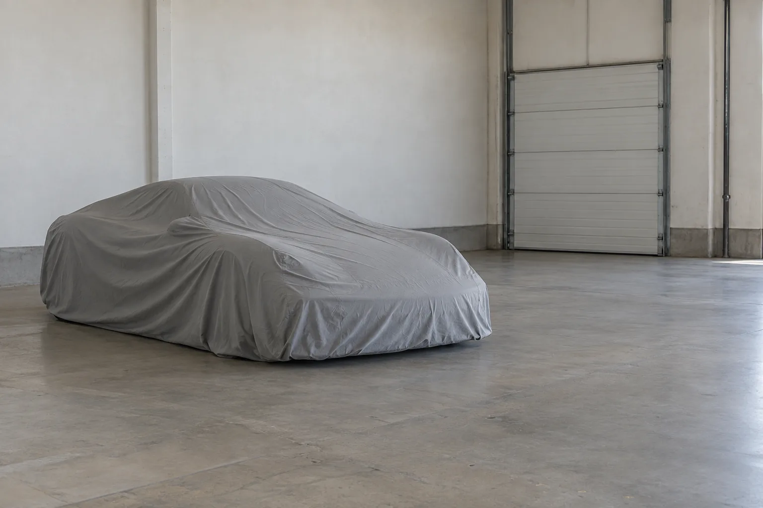 Illustrative covered sports-car-shaped vehicle in a clean industrial staging bay.