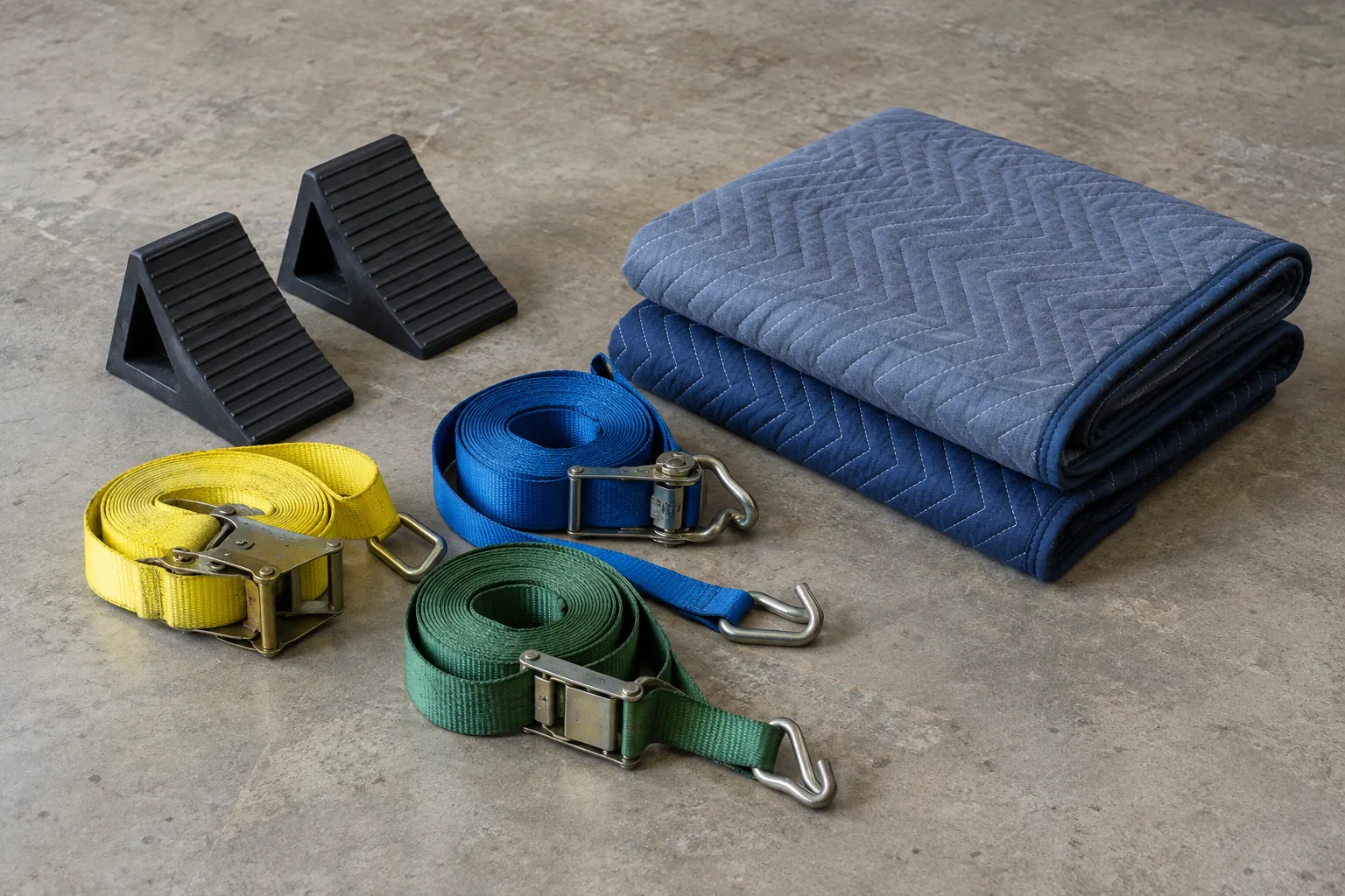 Illustrative wheel chocks, soft tie-down straps and plain protective blankets on concrete.