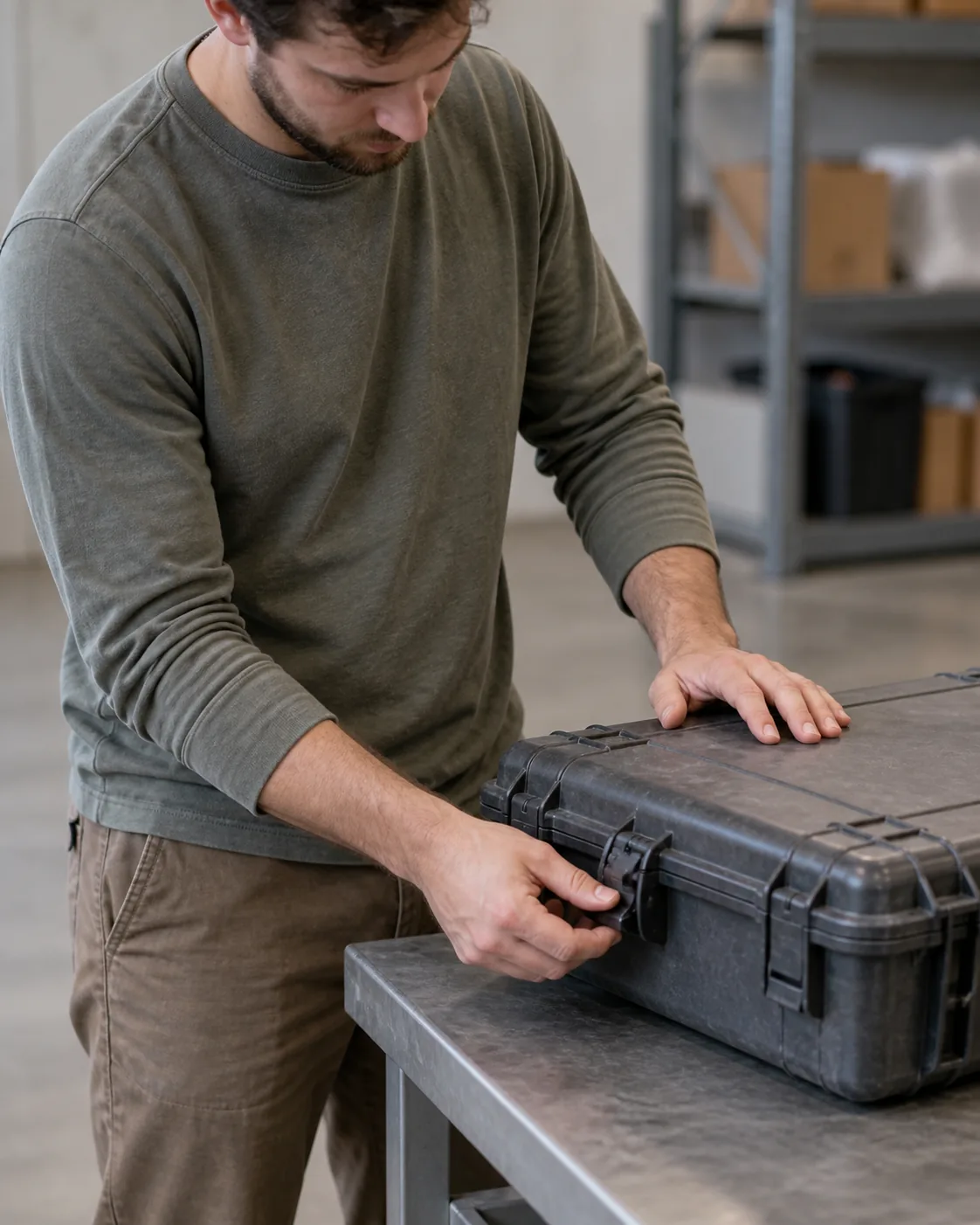 Illustrative worker checking the latch of a plain hard-sided cargo case.